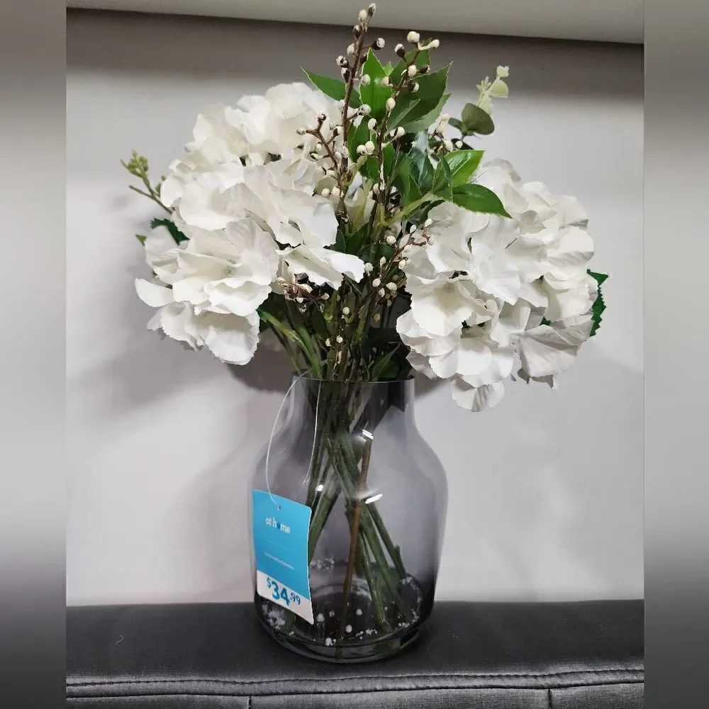 New Blooming Hydrangea Artificial with Glass Vase Arrangement